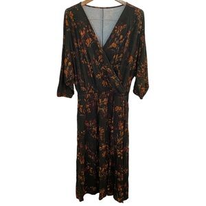 Garnet Hill Women’s Floral Midi V-Neck Dress Faux Wrap Front L